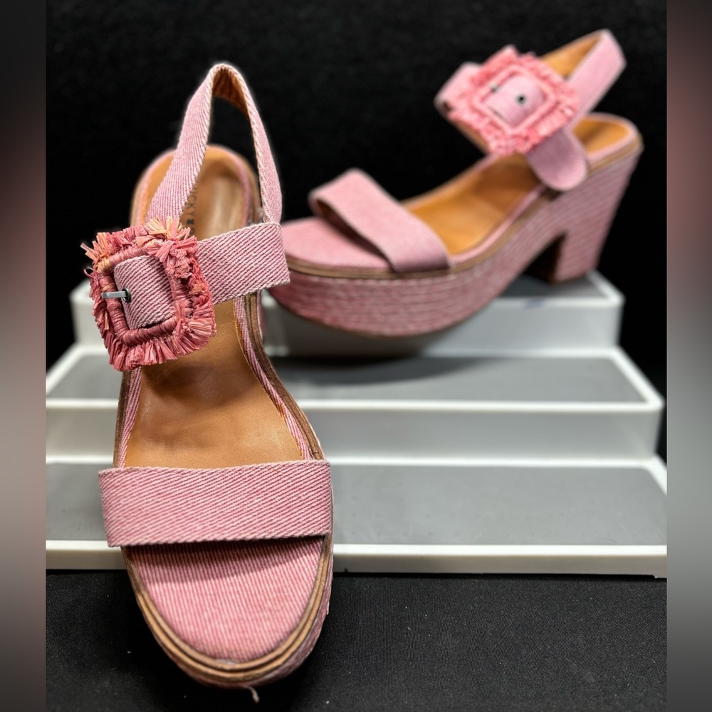 Lucky Brand Yidris Platform Espadrille Heels Sandals Pink Size 9M Straw Buckle